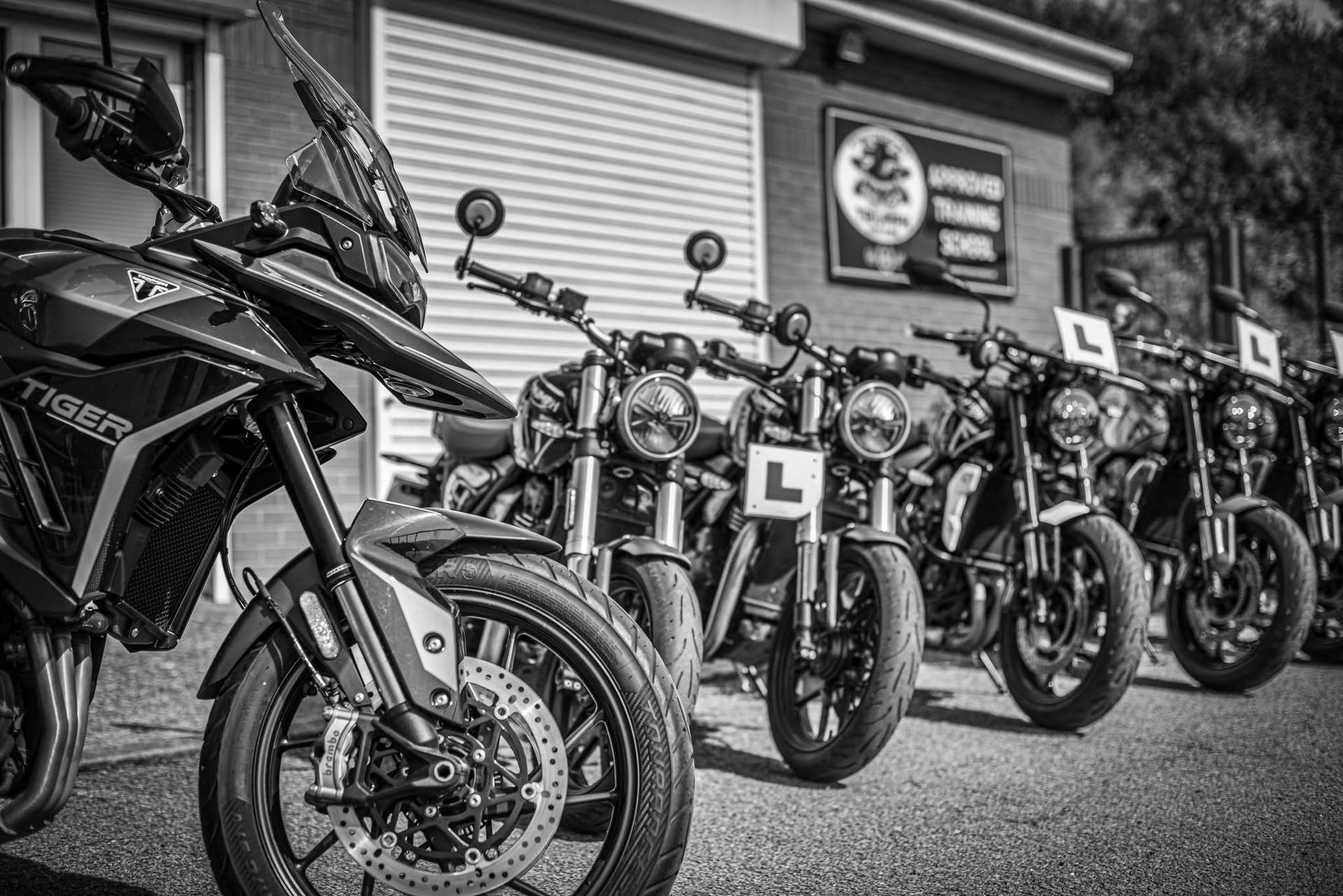 Fleet of L-plate Triumph motorcycles lined up outside the training school